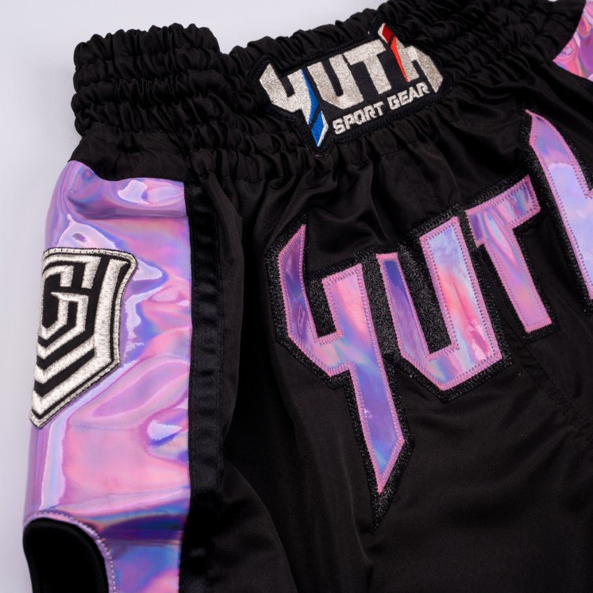 Black/Purple Yuth-Hologram Muay Thai Short Logo Purple