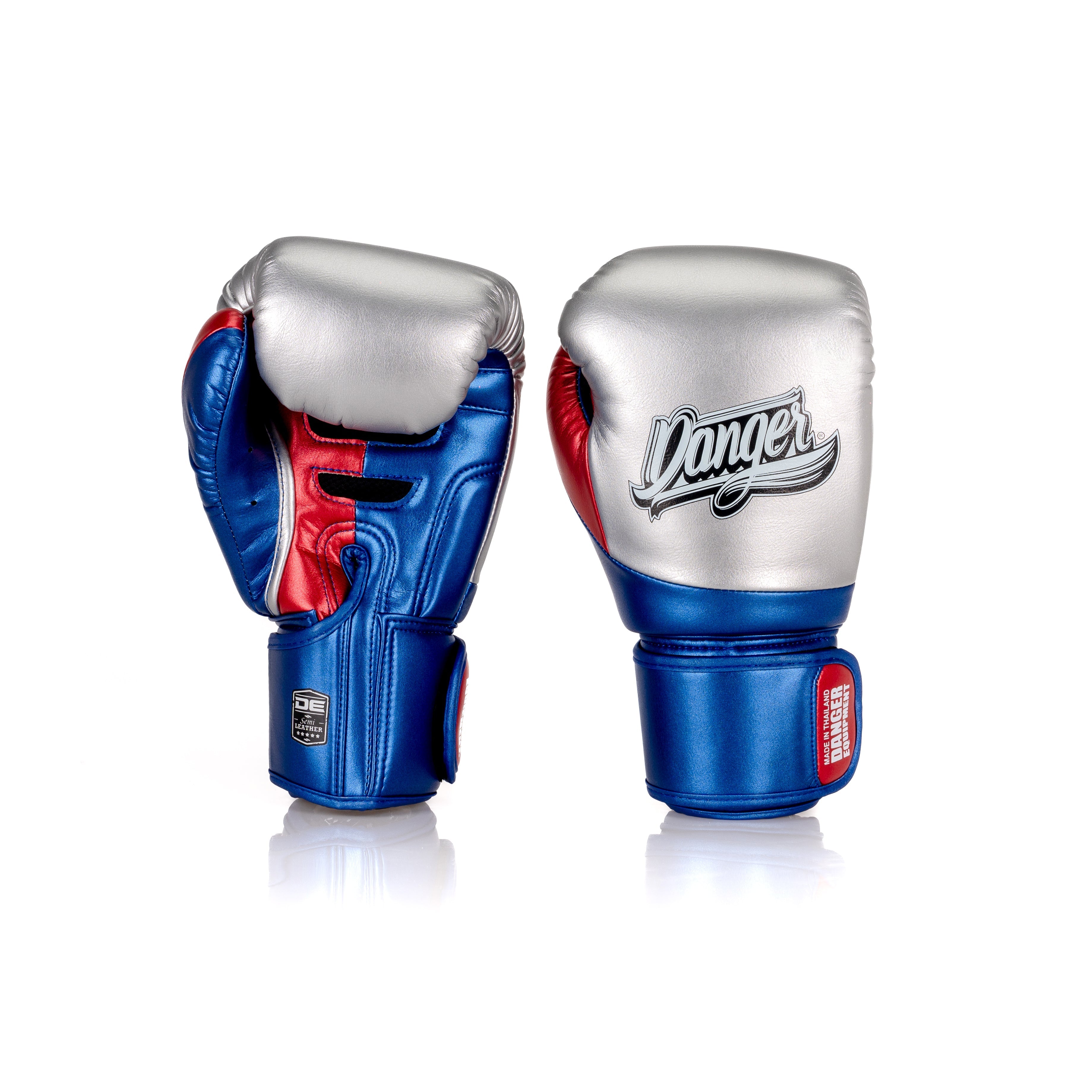 Blue/Silver/Red Danger Equipment Evolution 3.0 Boxing Gloves Front/Back