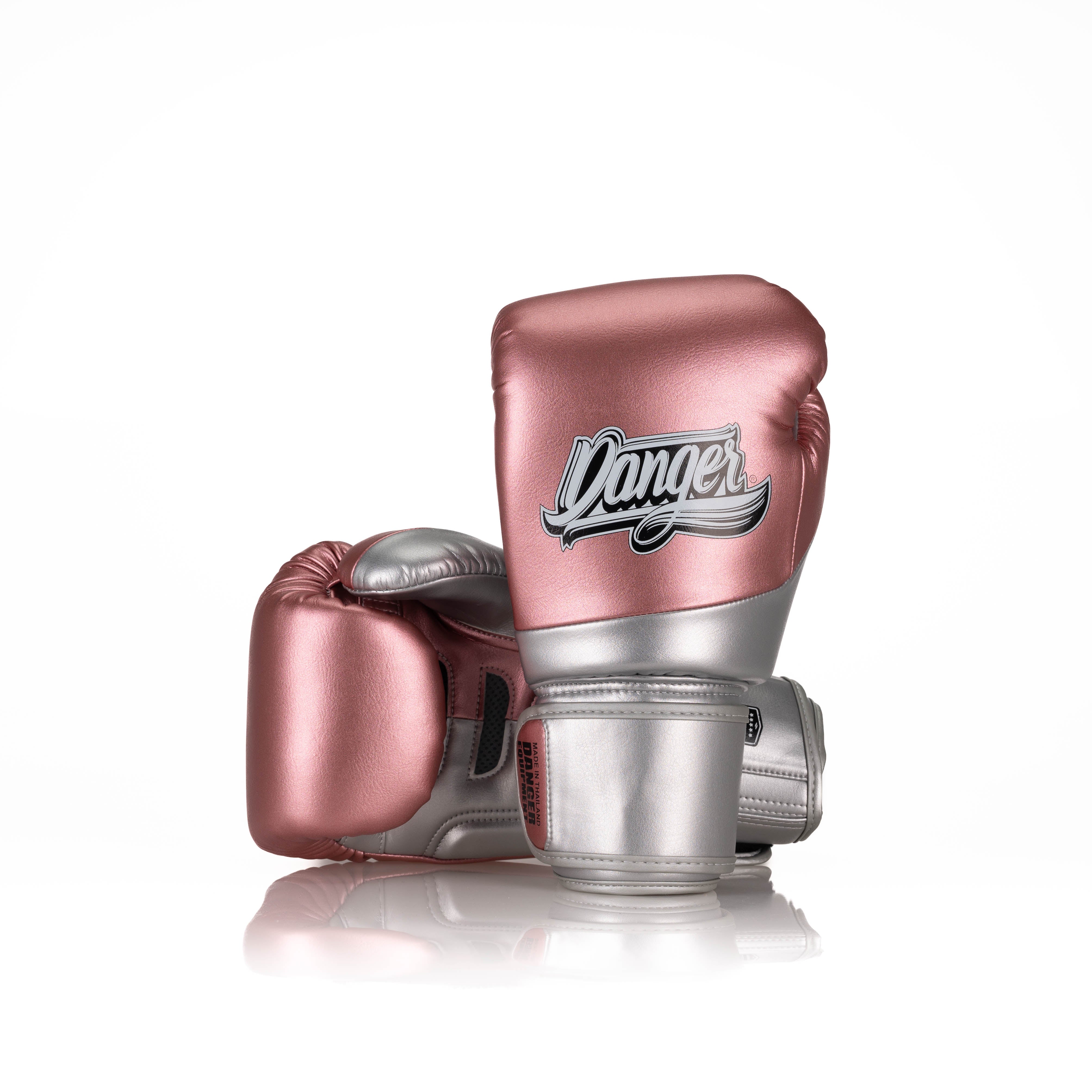 Pink/Silver Danger Equipment Evolution 3.0 Boxing Gloves Front/Back