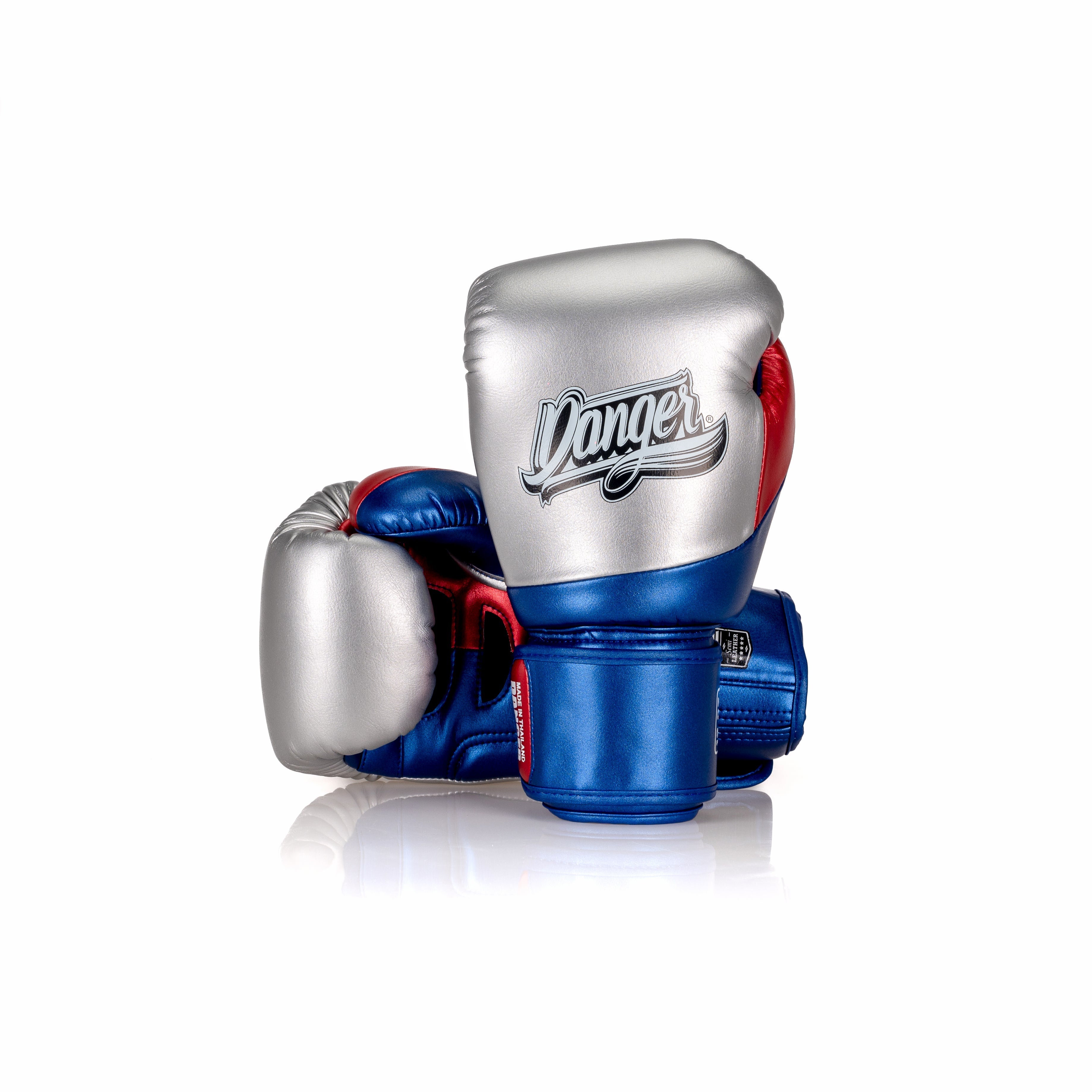 Blue/Silver/Red Danger Equipment Evolution 3.0 Boxing Gloves Front/Back