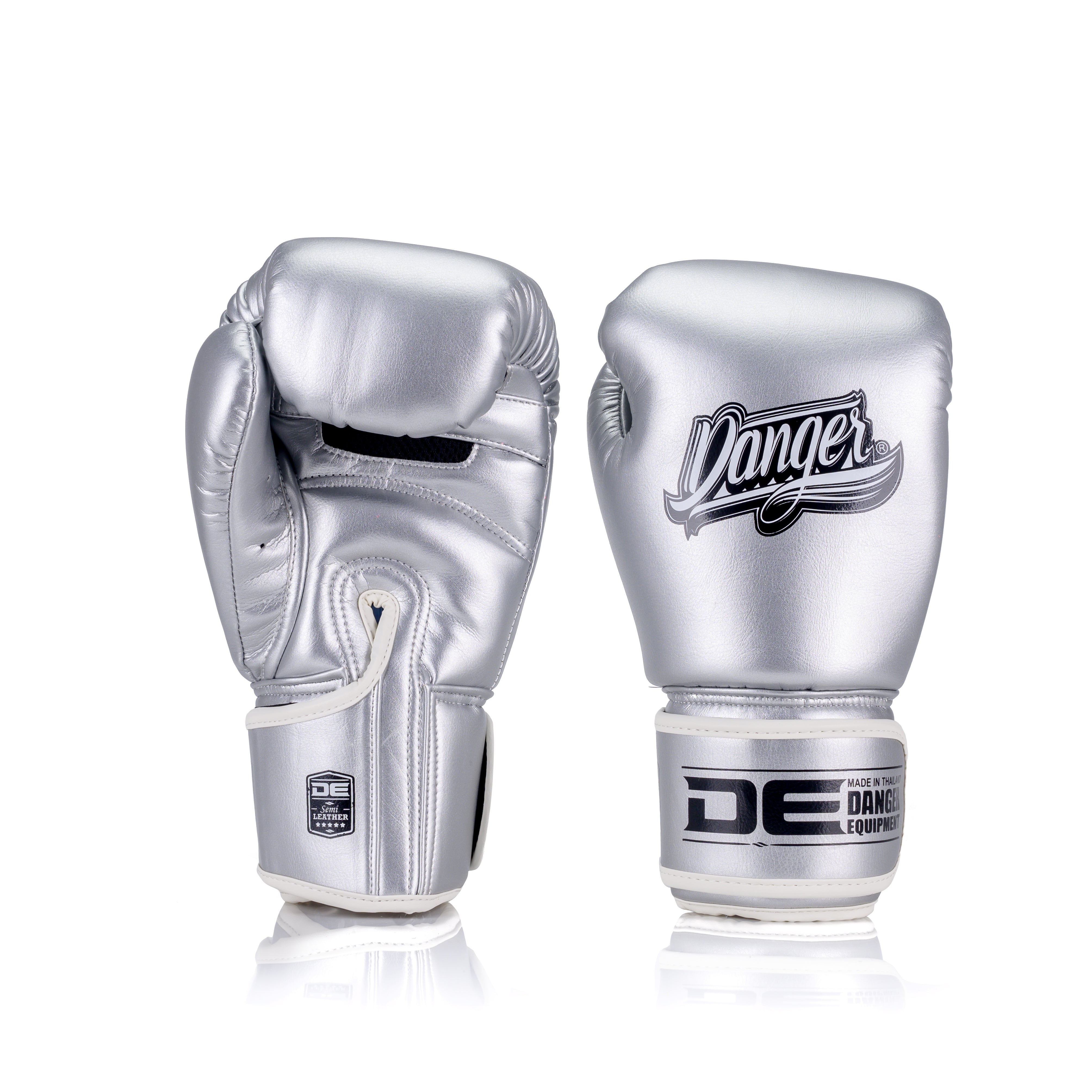 Silver Danger Equipment Classic Thai Metallic Boxing Gloves Front/Back