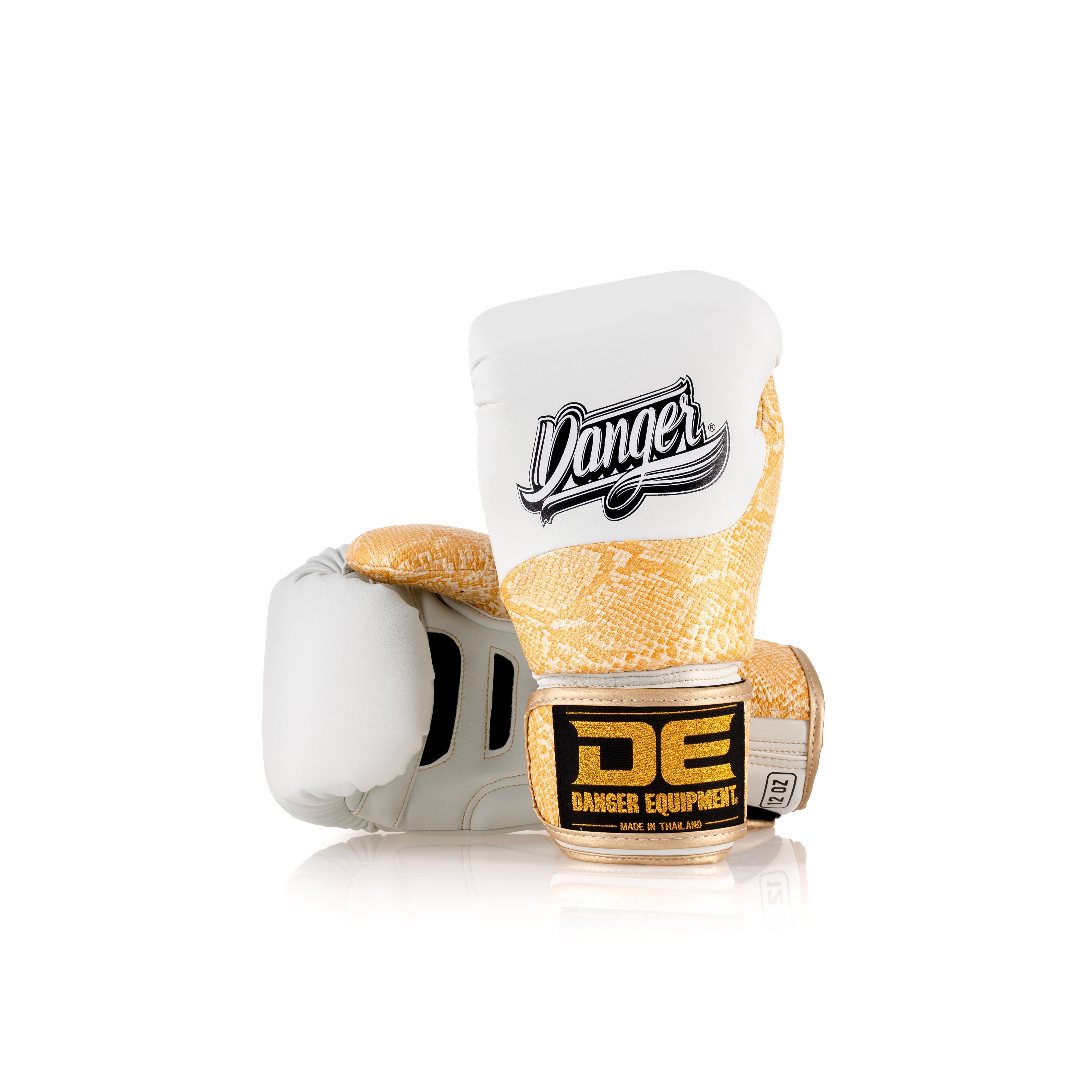 White/Gold Danger Equipment Evolution Deluxe Boxing Gloves Front/Back