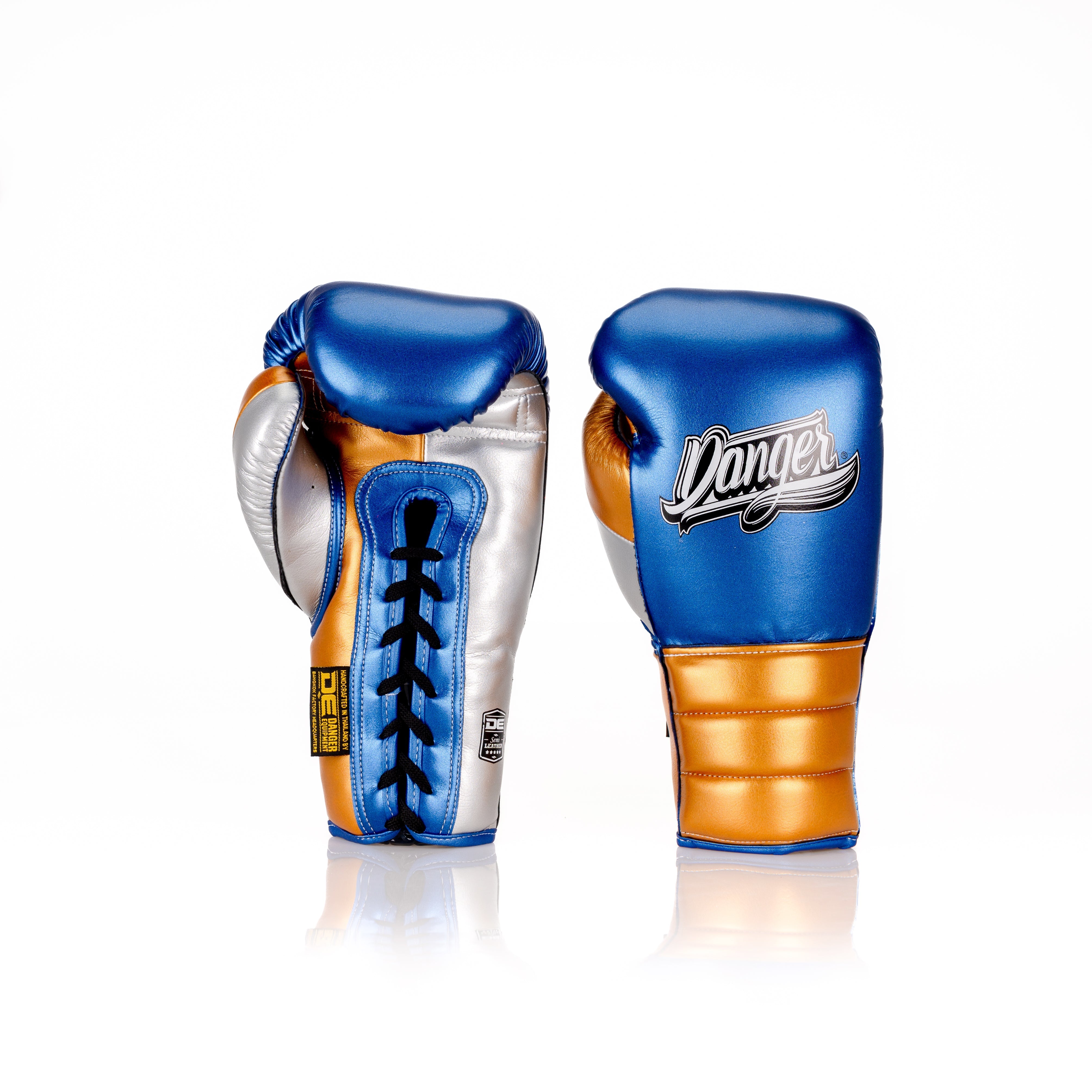 Blue/Gold Danger Equipment Lace-Up Mexican Style Boxing Gloves Front/Back