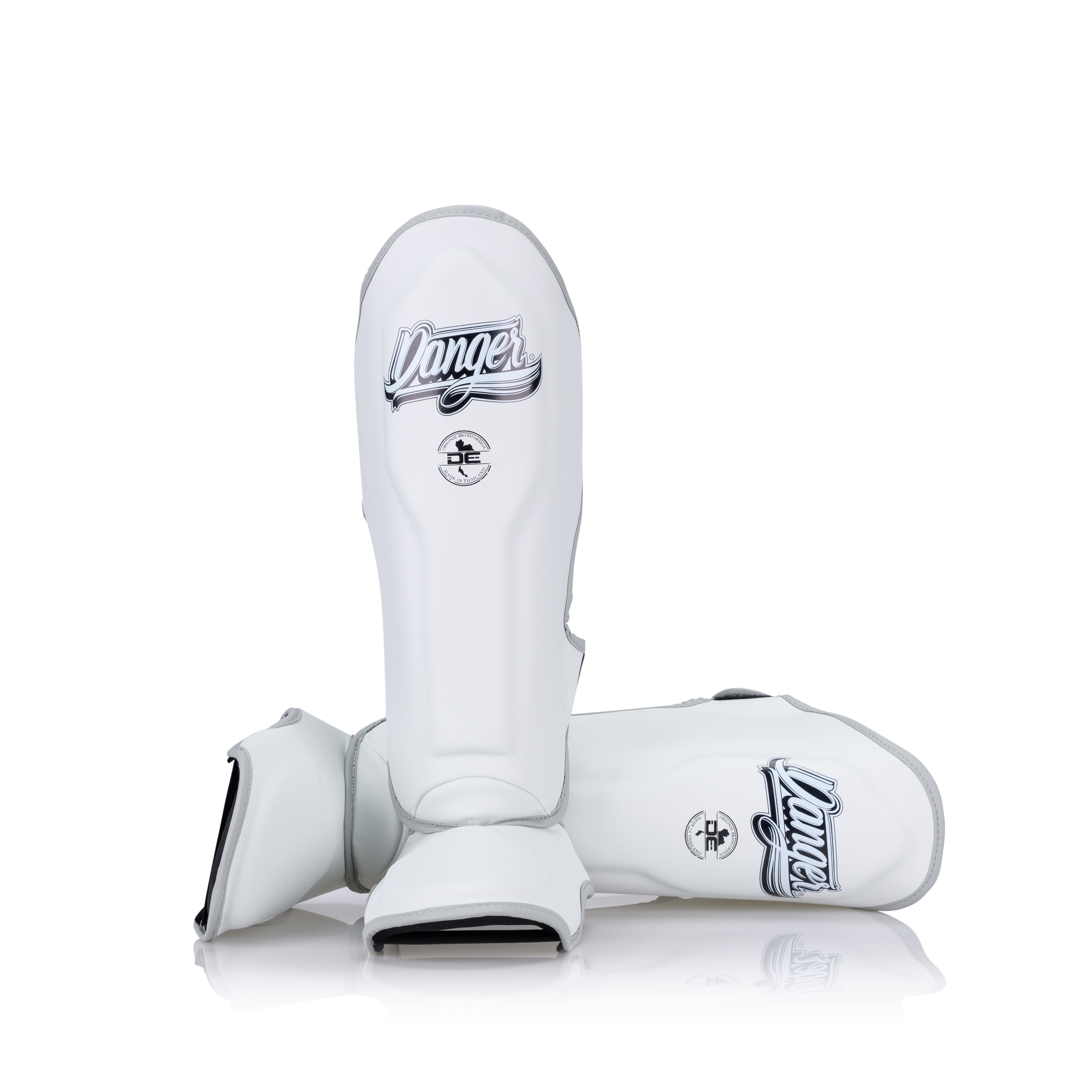 White Danger Equipment Supermax Shin Guards Front