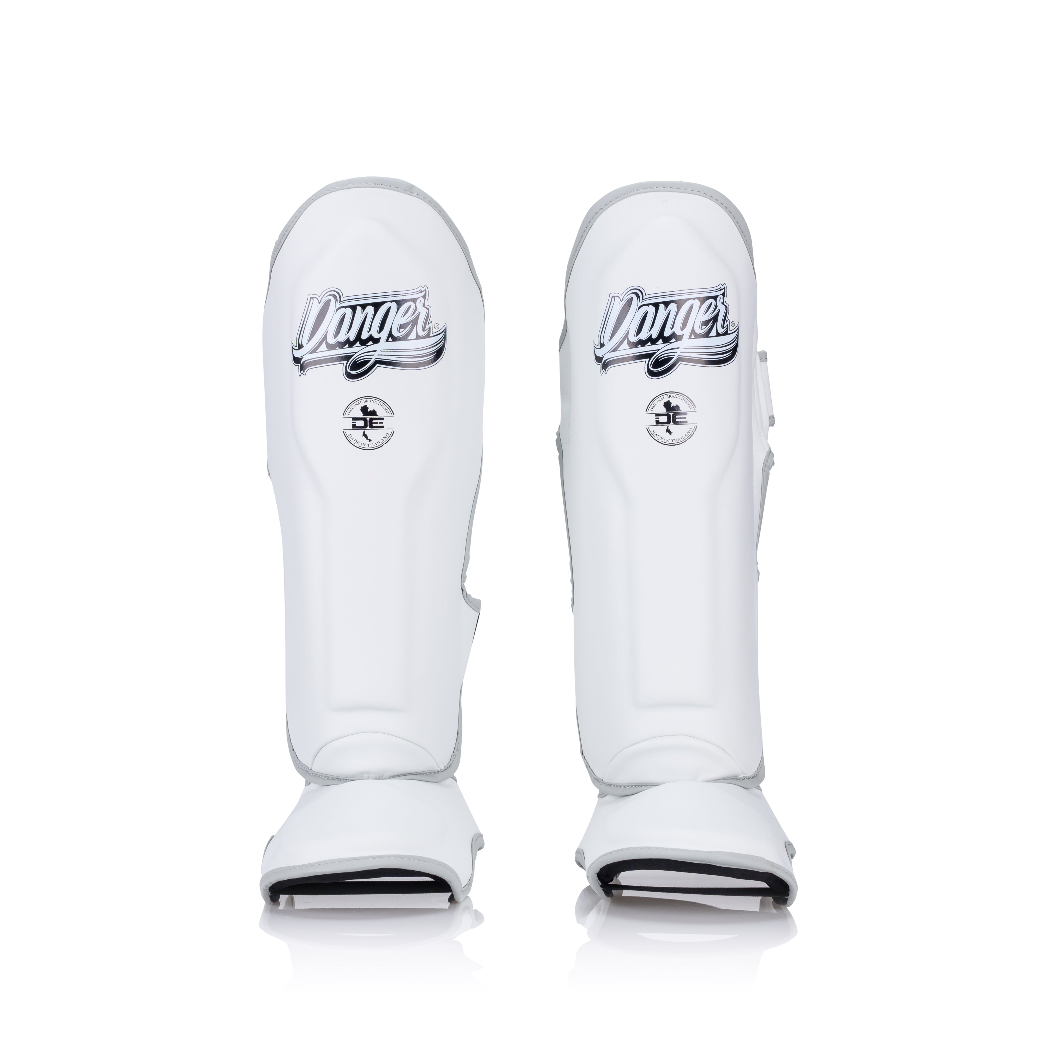 White Danger Equipment Supermax Shin Guards Front