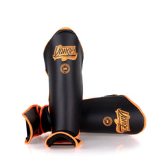 Orange/Black Danger Equipment Thai Legend Shin Guards Front