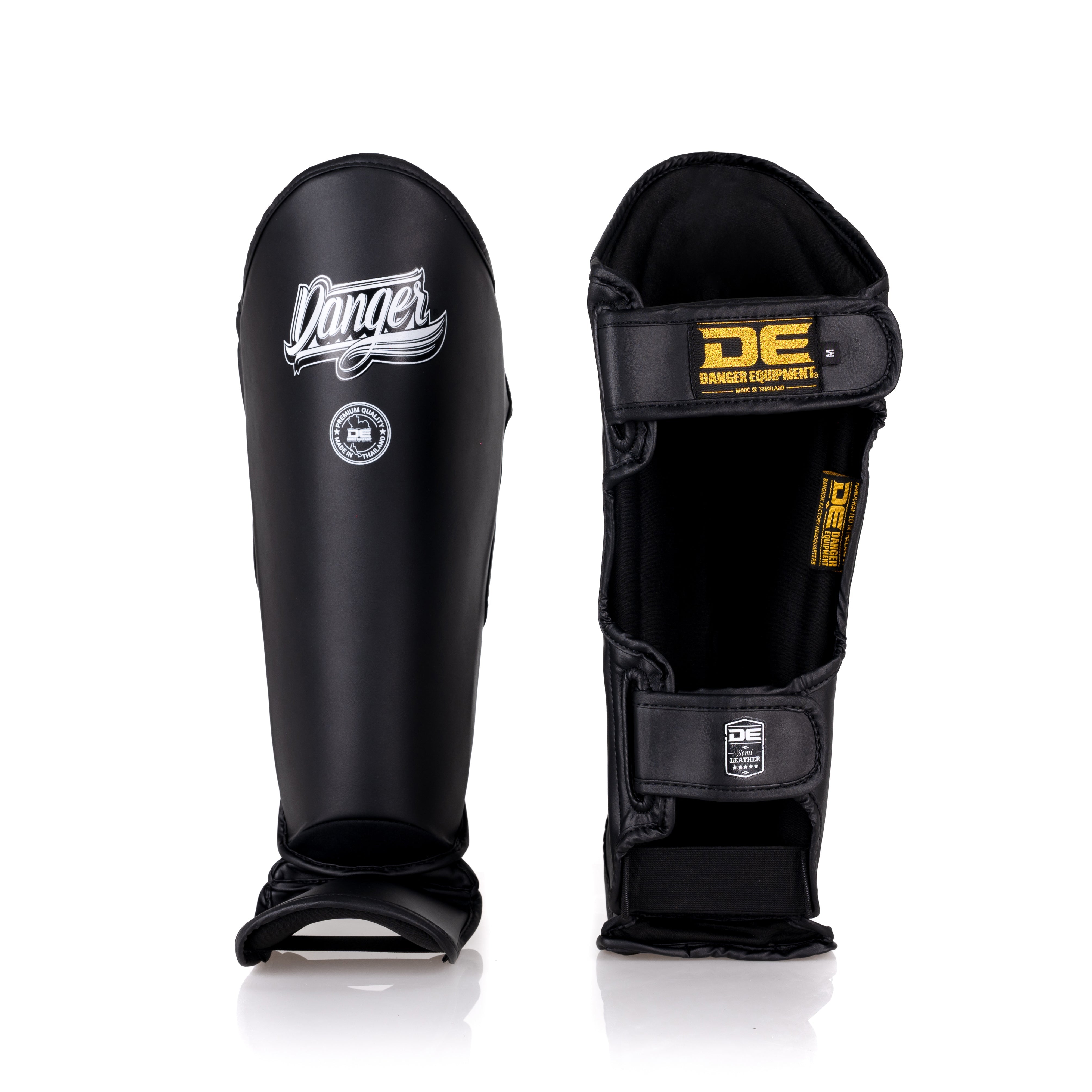 Black/White Danger Equipment Thai Legend Shin Guards Front/Back