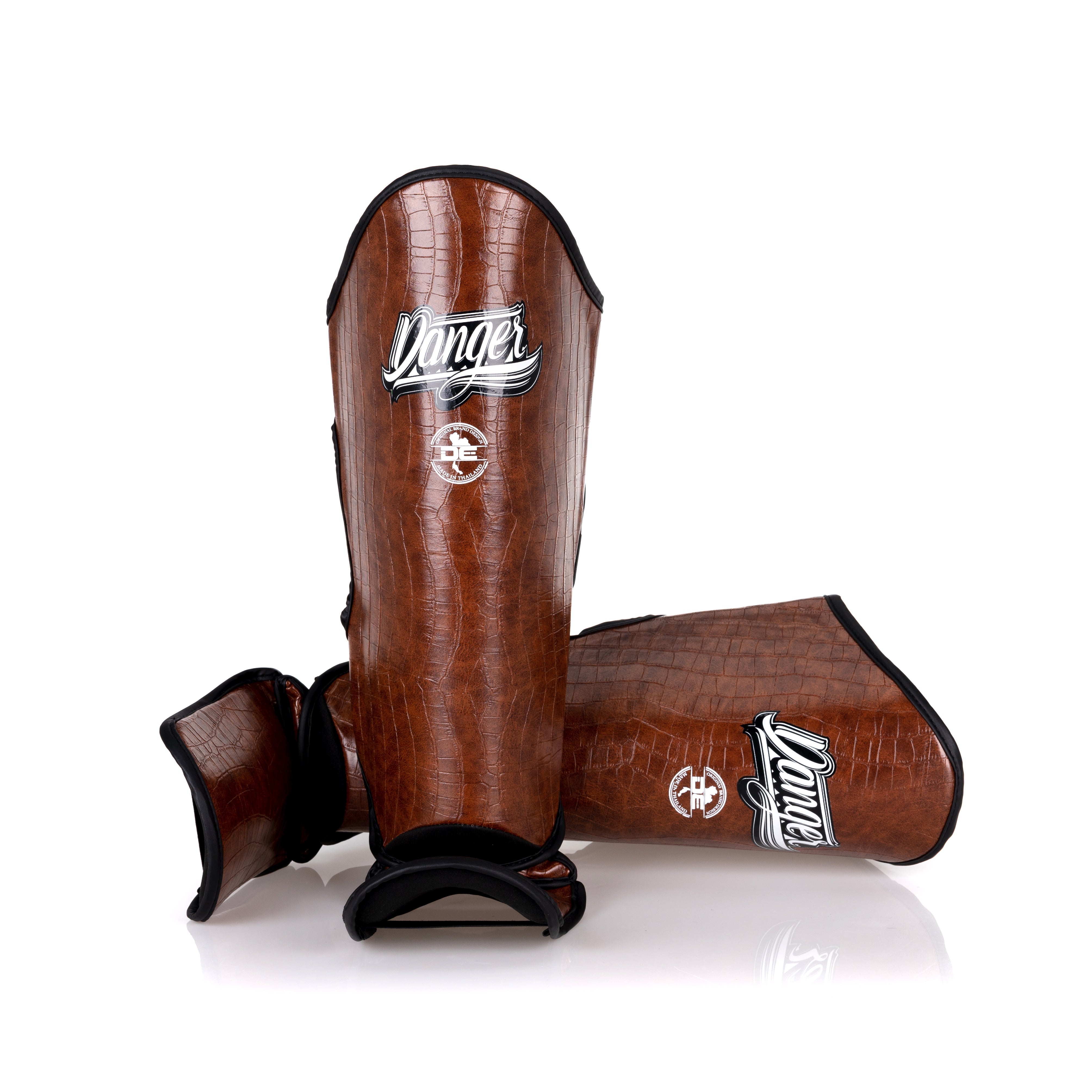 Brown Danger Equipment Thai Legend Shin Guards Front