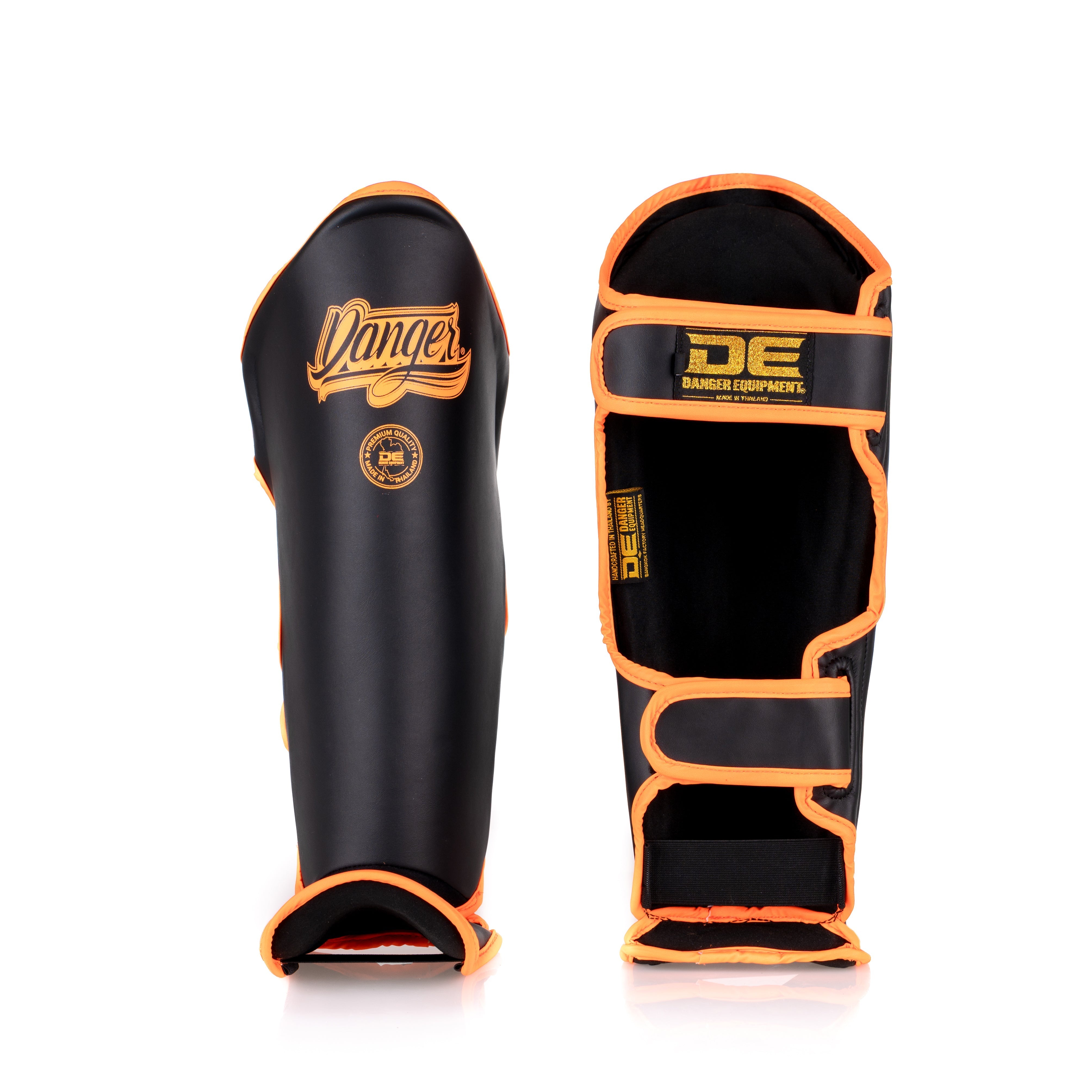 Orange/Black Danger Equipment Thai Legend Shin Guards Front/Back
