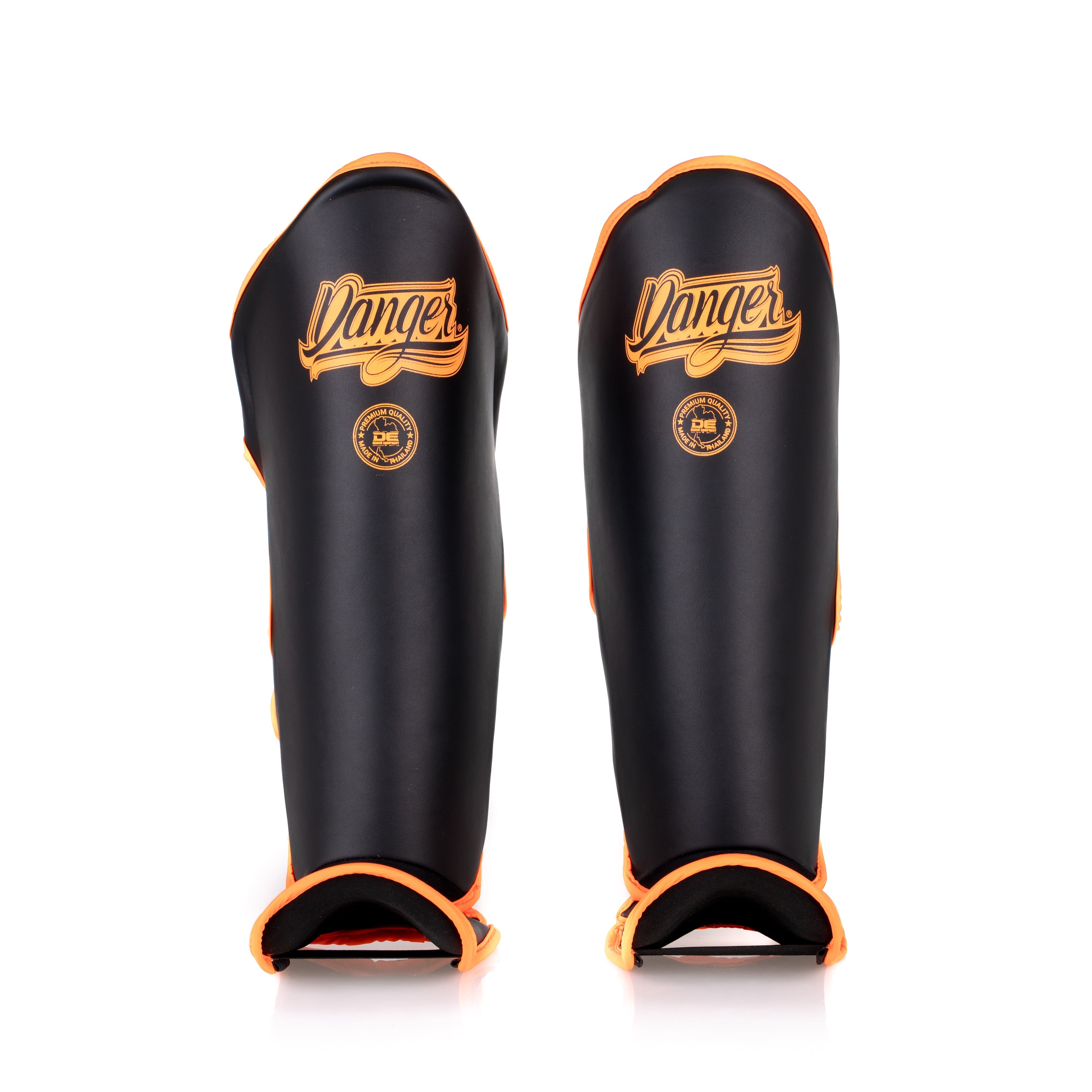 Orange/Black Danger Equipment Thai Legend Shin Guards Front