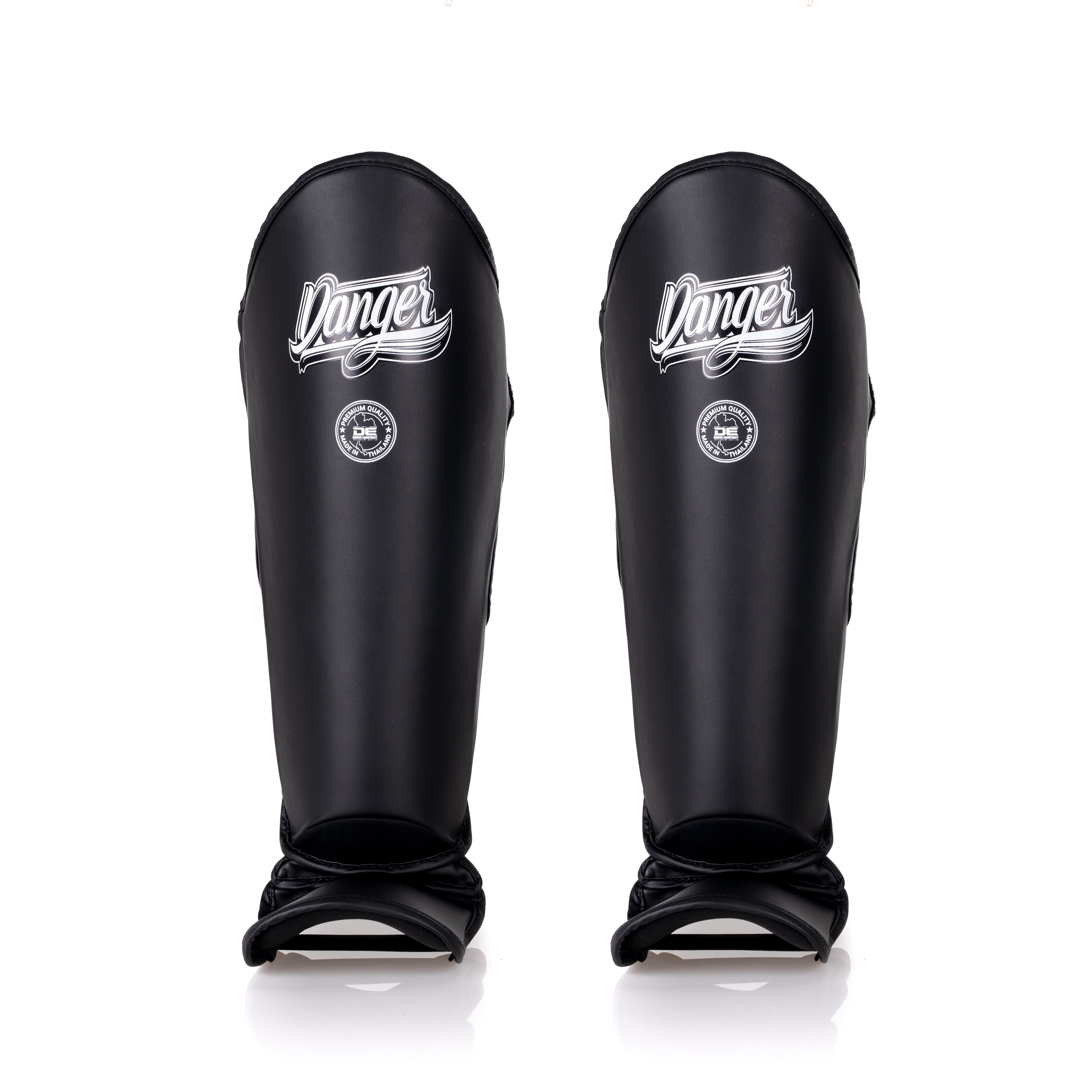 Black/White Danger Equipment Thai Legend Shin Guards Front