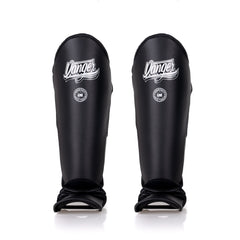 Black/White Danger Equipment Thai Legend Shin Guards Front