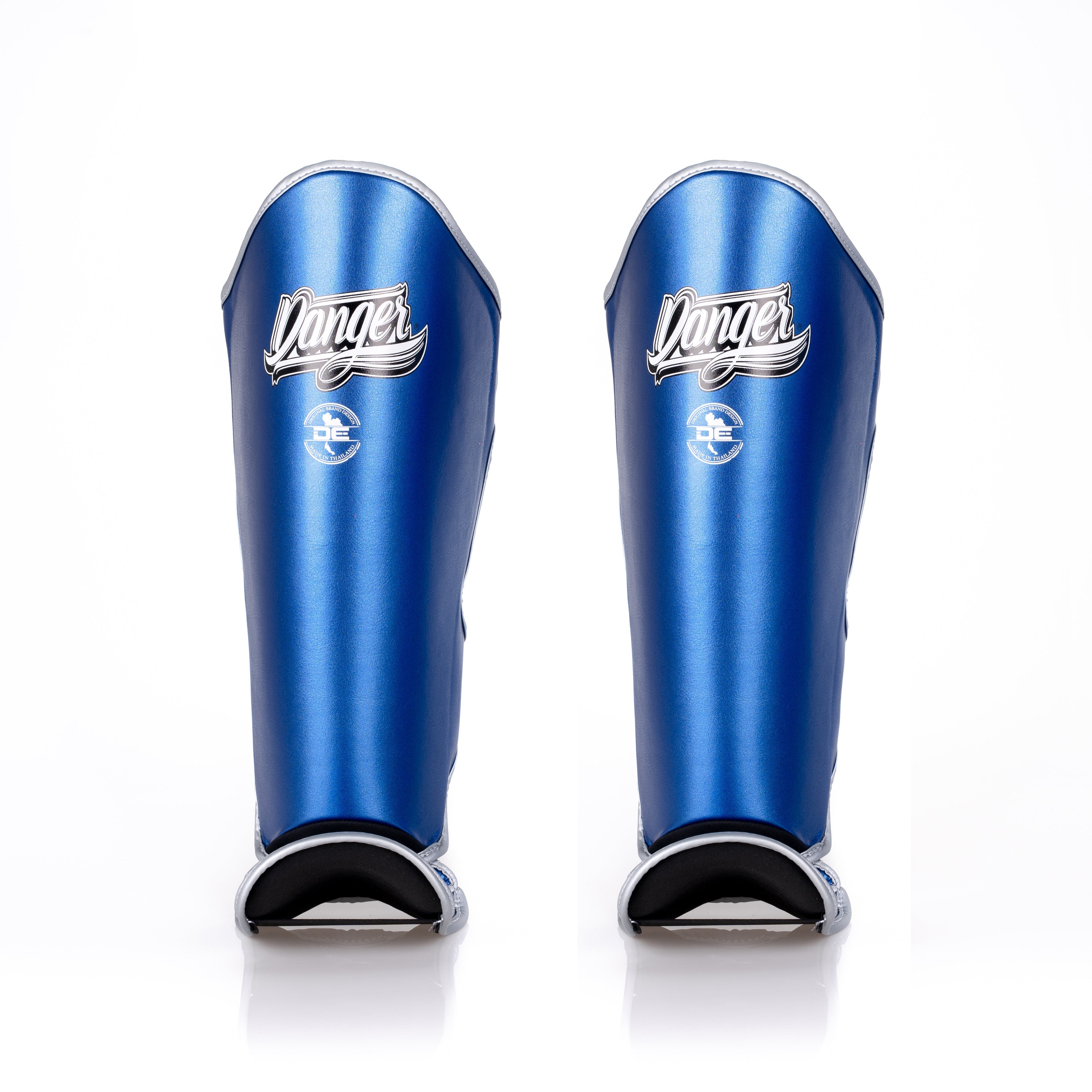 Blue Danger Equipment Thai Metallic Shin Guards Front