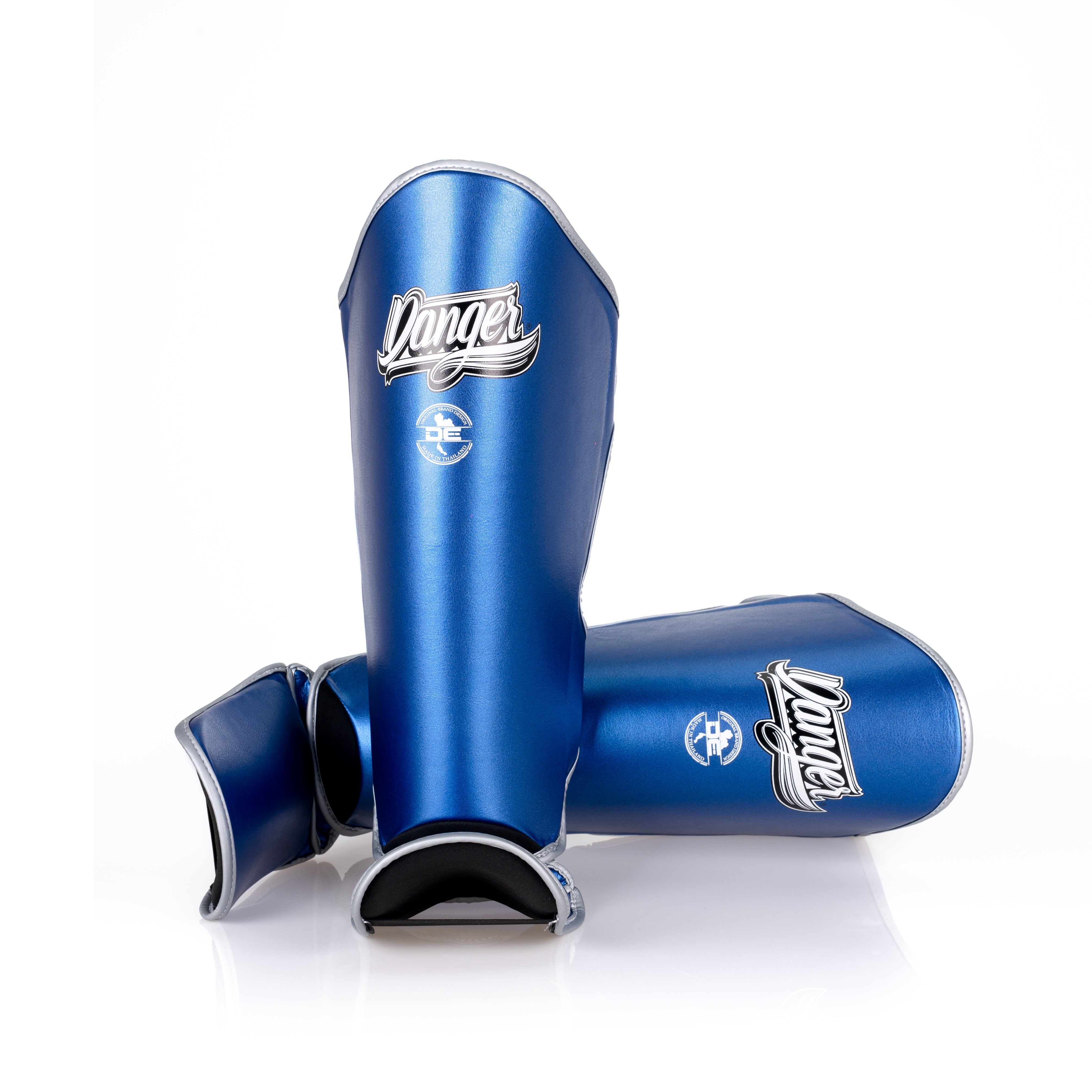 Blue Danger Equipment Thai Metallic Shin Guards Front