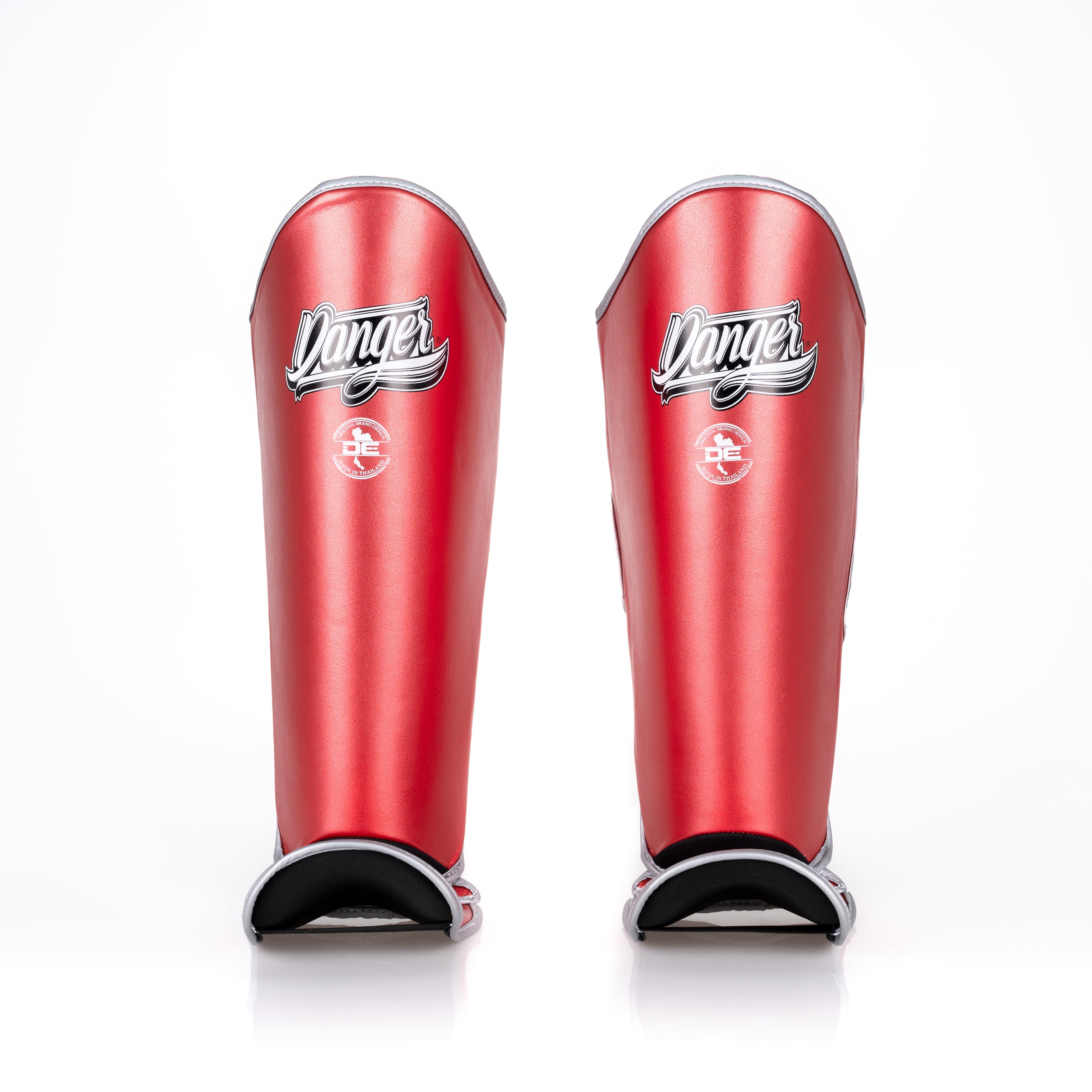 Red Danger Equipment Thai Metallic Shin Guards Front