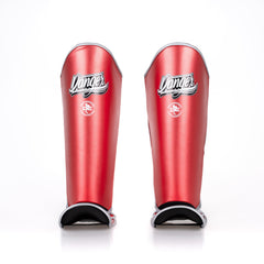 Red Danger Equipment Thai Metallic Shin Guards Front