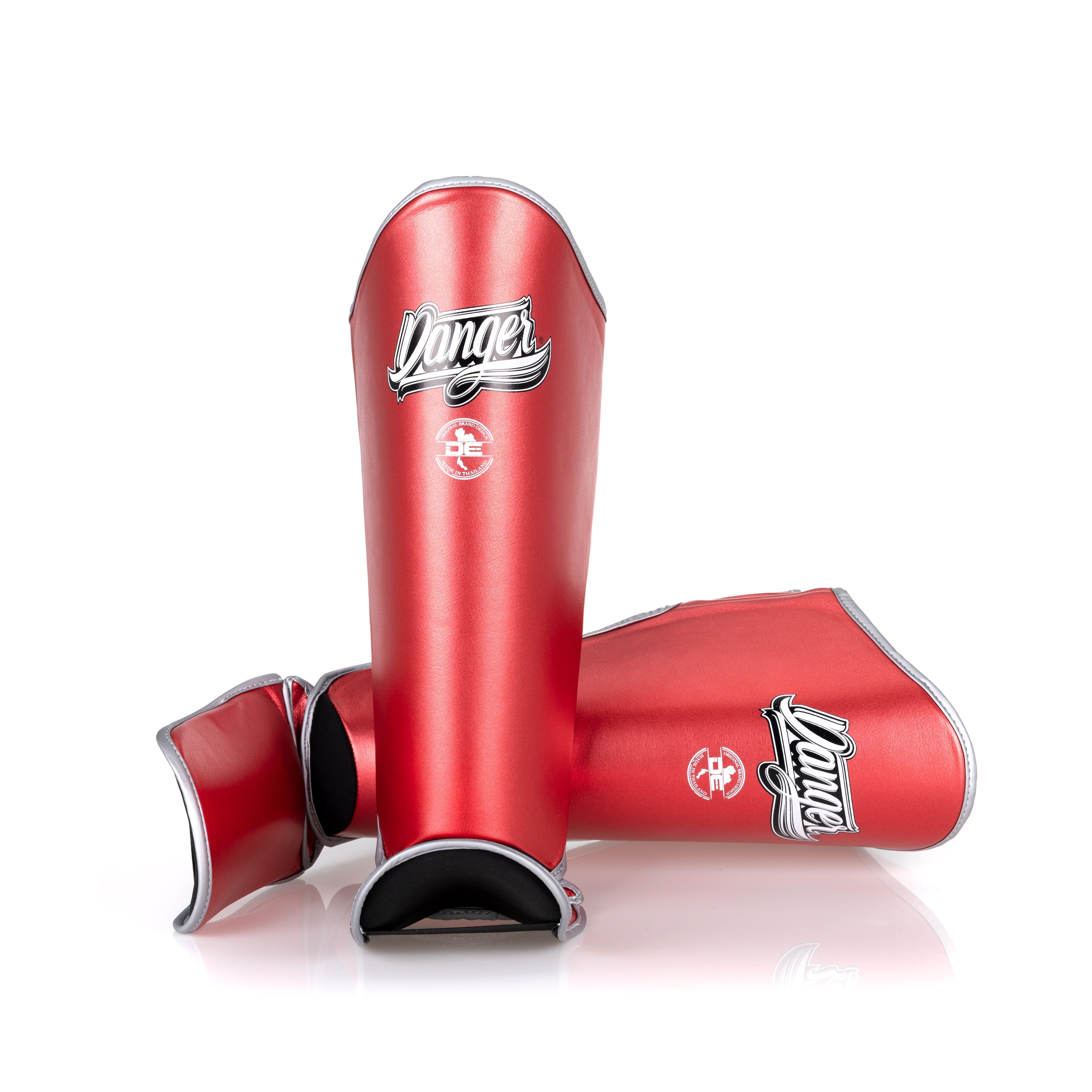 Red Danger Equipment Thai Metallic Shin Guards Front
