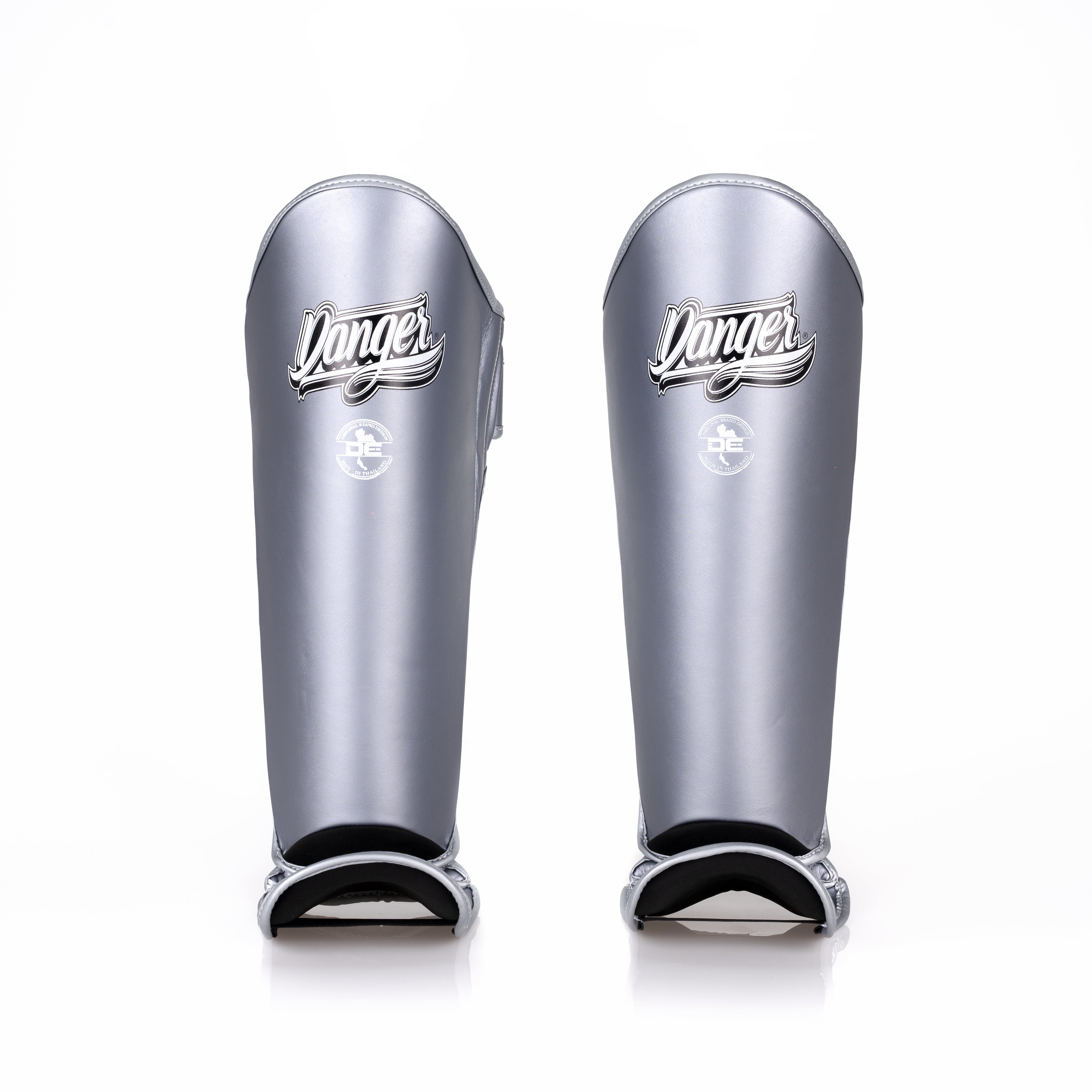 Grey Danger Equipment Thai Metallic Shin Guards Front