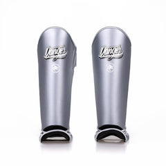 Grey Danger Equipment Thai Metallic Shin Guards Front