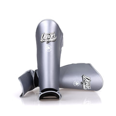 Grey Danger Equipment Thai Metallic Shin Guards Front