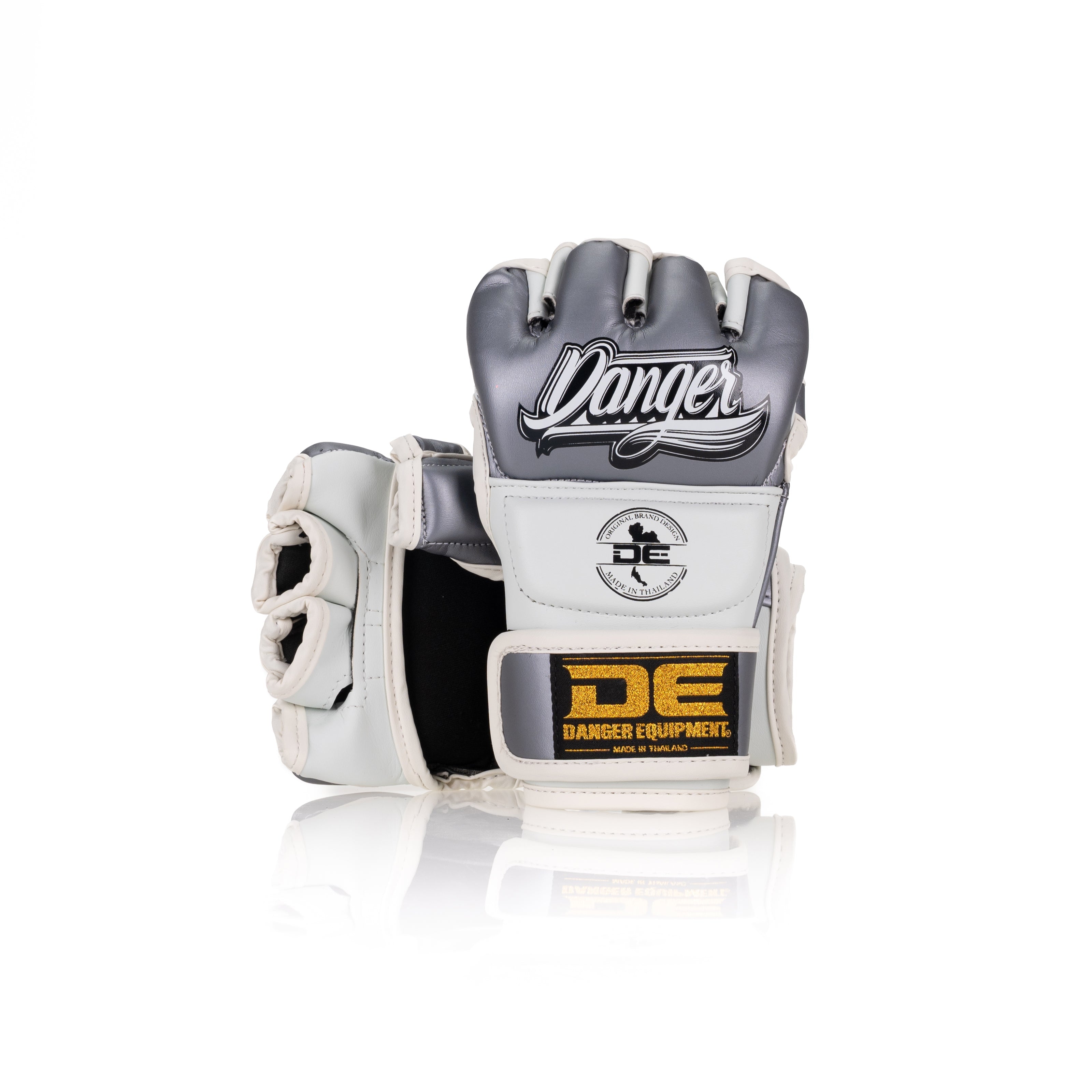 White/Silver Danger Equipment MMA Competition Boxing Gloves Front/Back