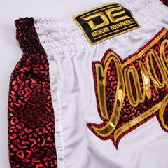 White/Red Danger Equipment Wild Line Muay Thai Short Logo Gold Front