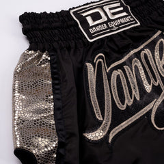 Black/Silver Danger Equipment Wild Line Muay Thai Short Logo Gold Front