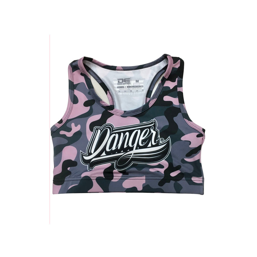 Camo/Pink Danger Equipment Women's Sports Bra Front