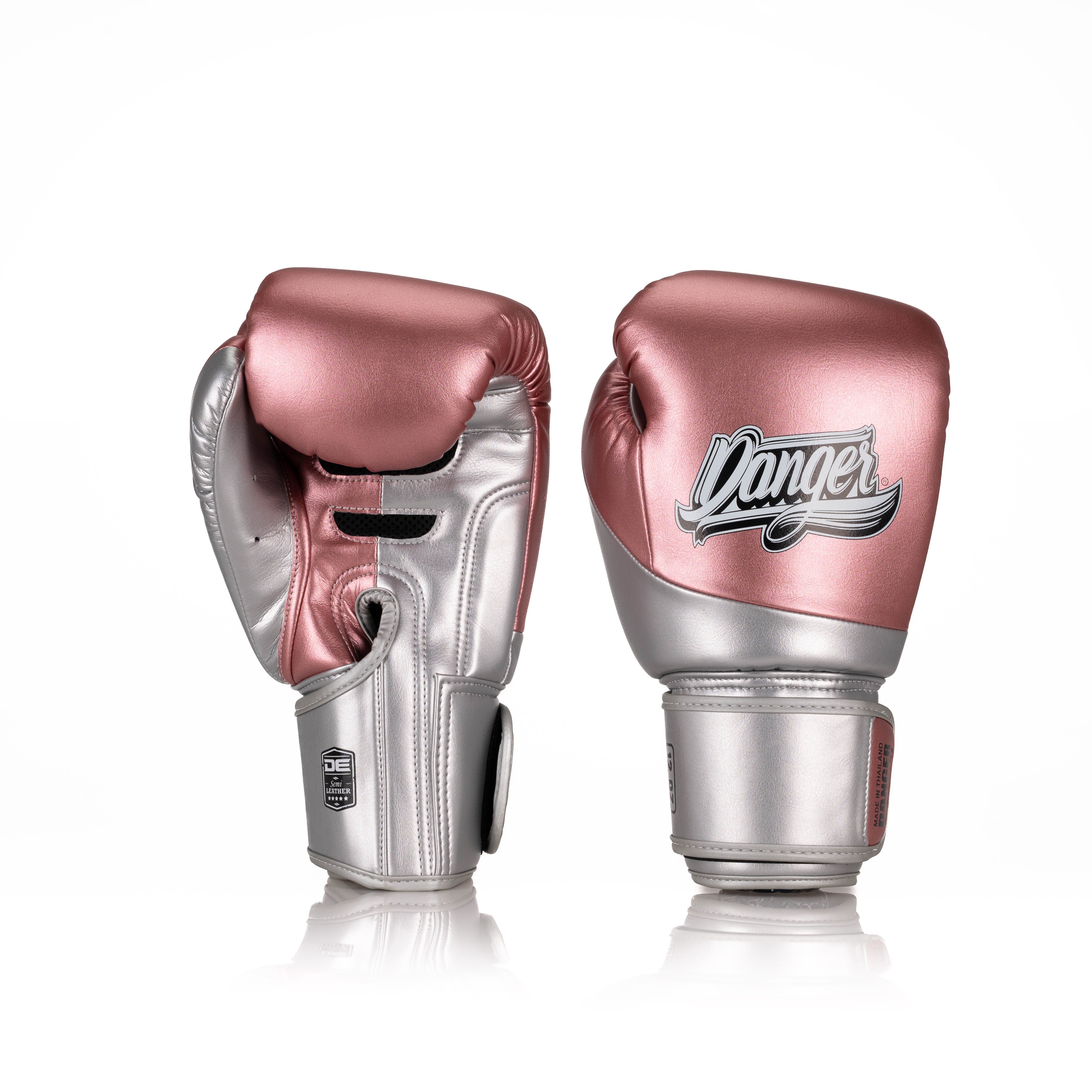 Pink/Silver Danger Equipment Evolution 3.0 Boxing Gloves Front/Back