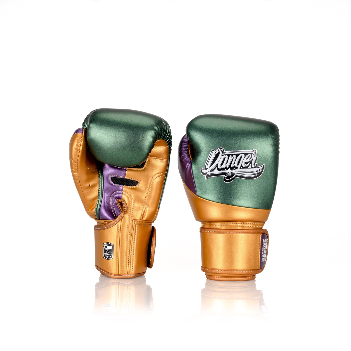 Green/Gold/Purple Danger Equipment Evolution 3.0 Boxing Gloves Front/Back