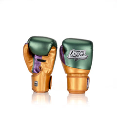 Green/Gold/Purple Danger Equipment Evolution 3.0 Boxing Gloves Front/Back