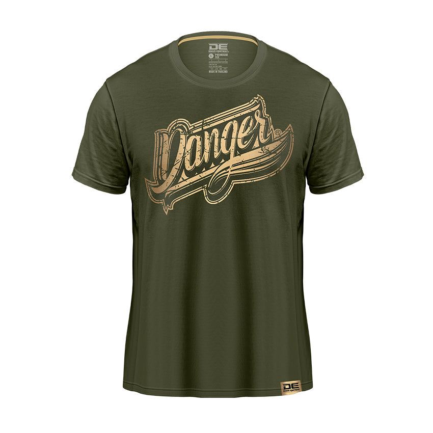 Army Green/Gold Danger Equipment T-Shirt Logo Gold Front