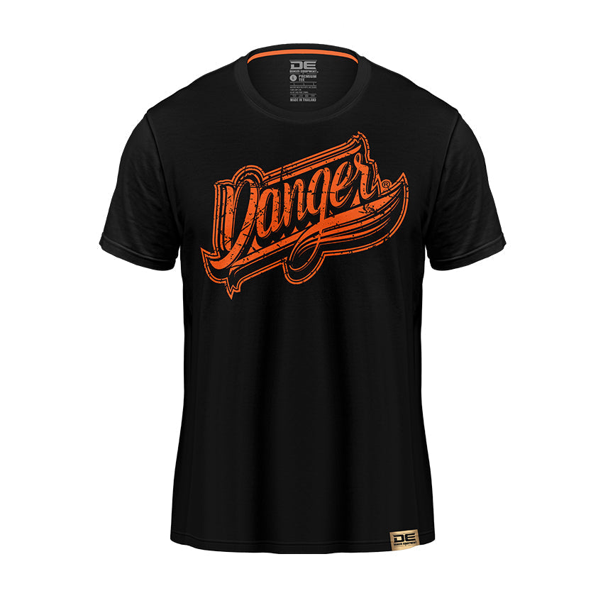 Black/Orange Danger Equipment T-Shirt Logo Gold Front