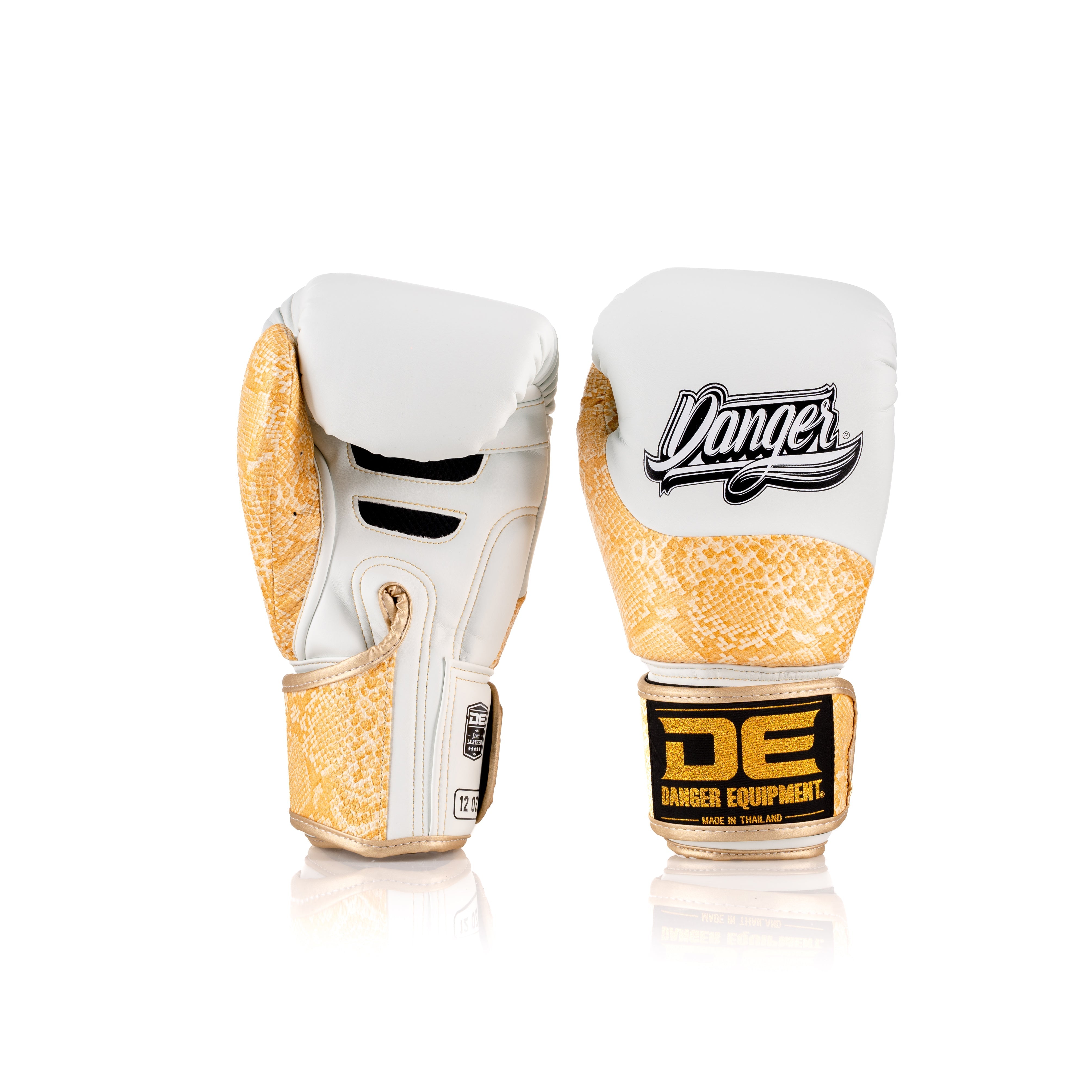 White/Gold Danger Equipment Evolution Deluxe Boxing Gloves Front/Back