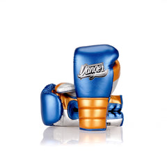 Blue/Gold Danger Equipment Lace-Up Mexican Style Boxing Gloves Front/Back
