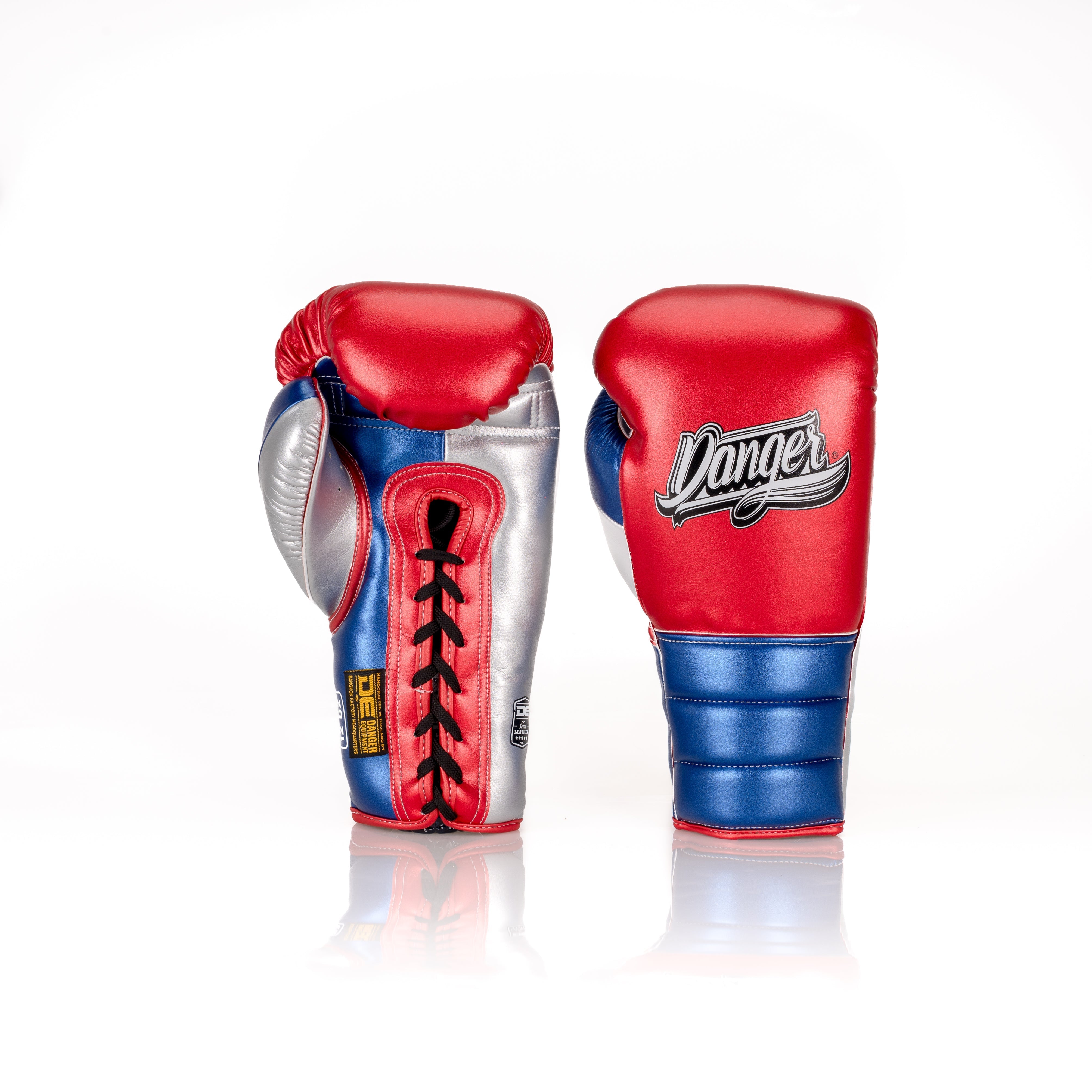 Red/Blue Danger Equipment Lace-Up Mexican Style Boxing Gloves Front/Back