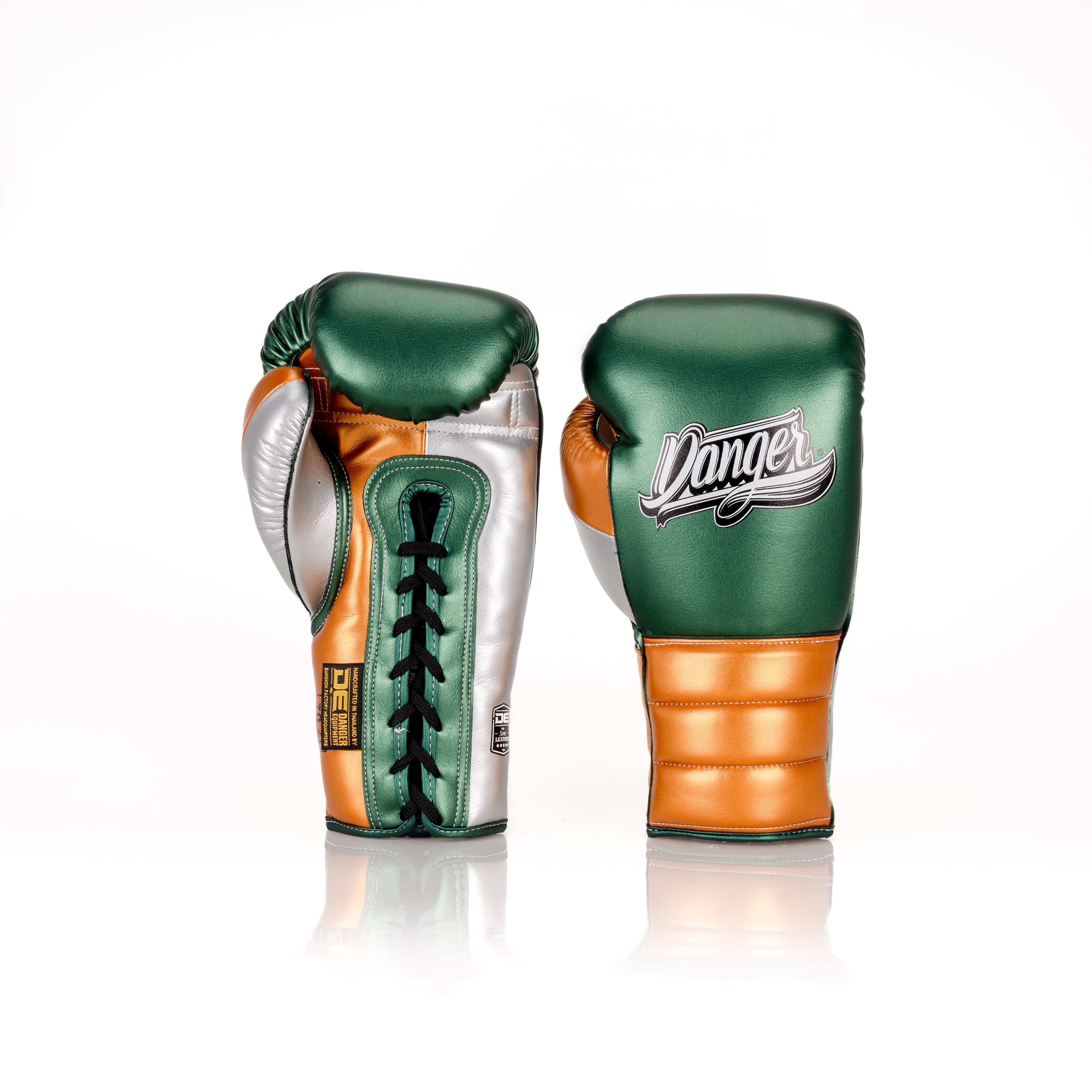 Green/Gold Danger Equipment Lace-Up Mexican Style Boxing Gloves Front/Back