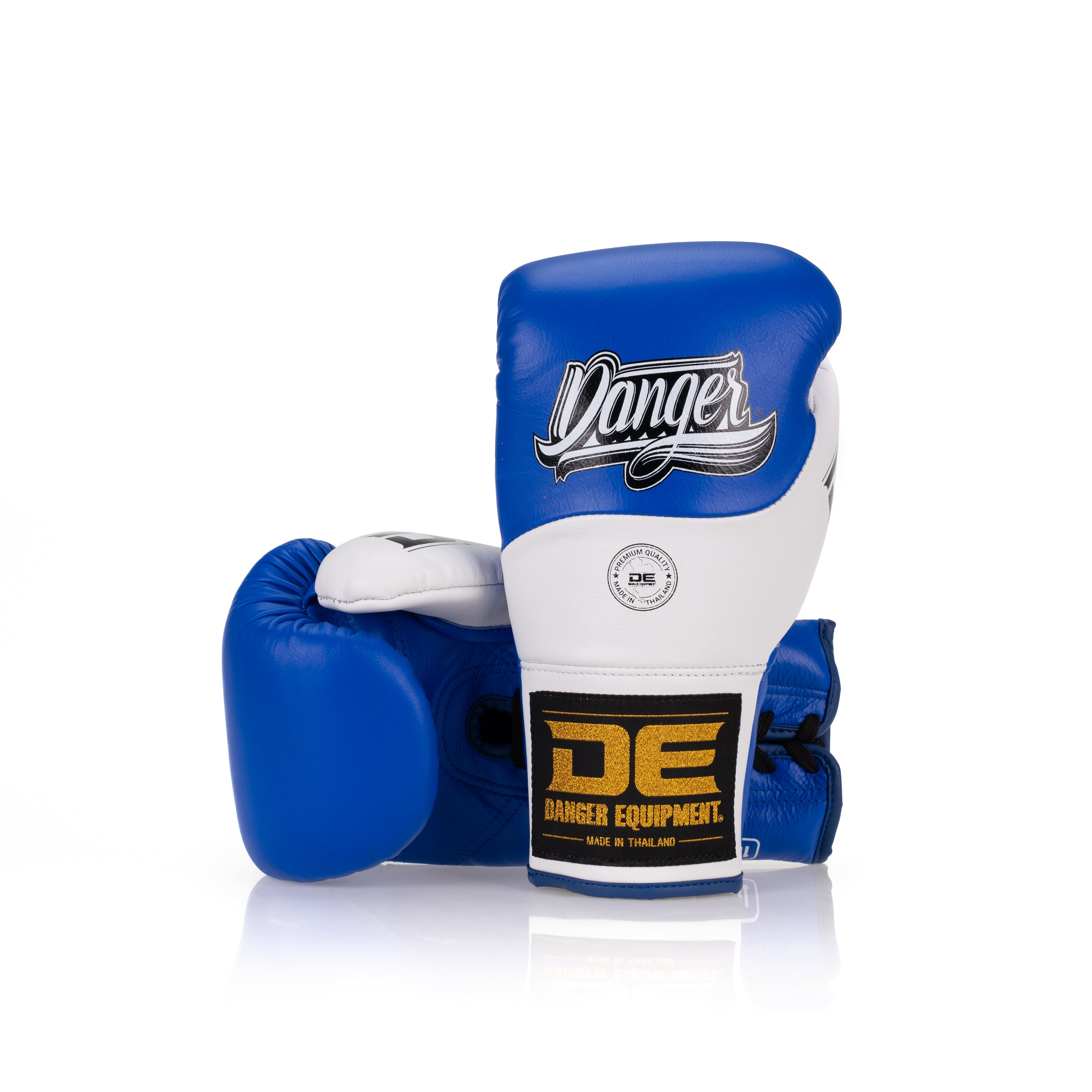 Blue/White Danger Equipment Competition Lace-Up Boxing Gloves Front/Back