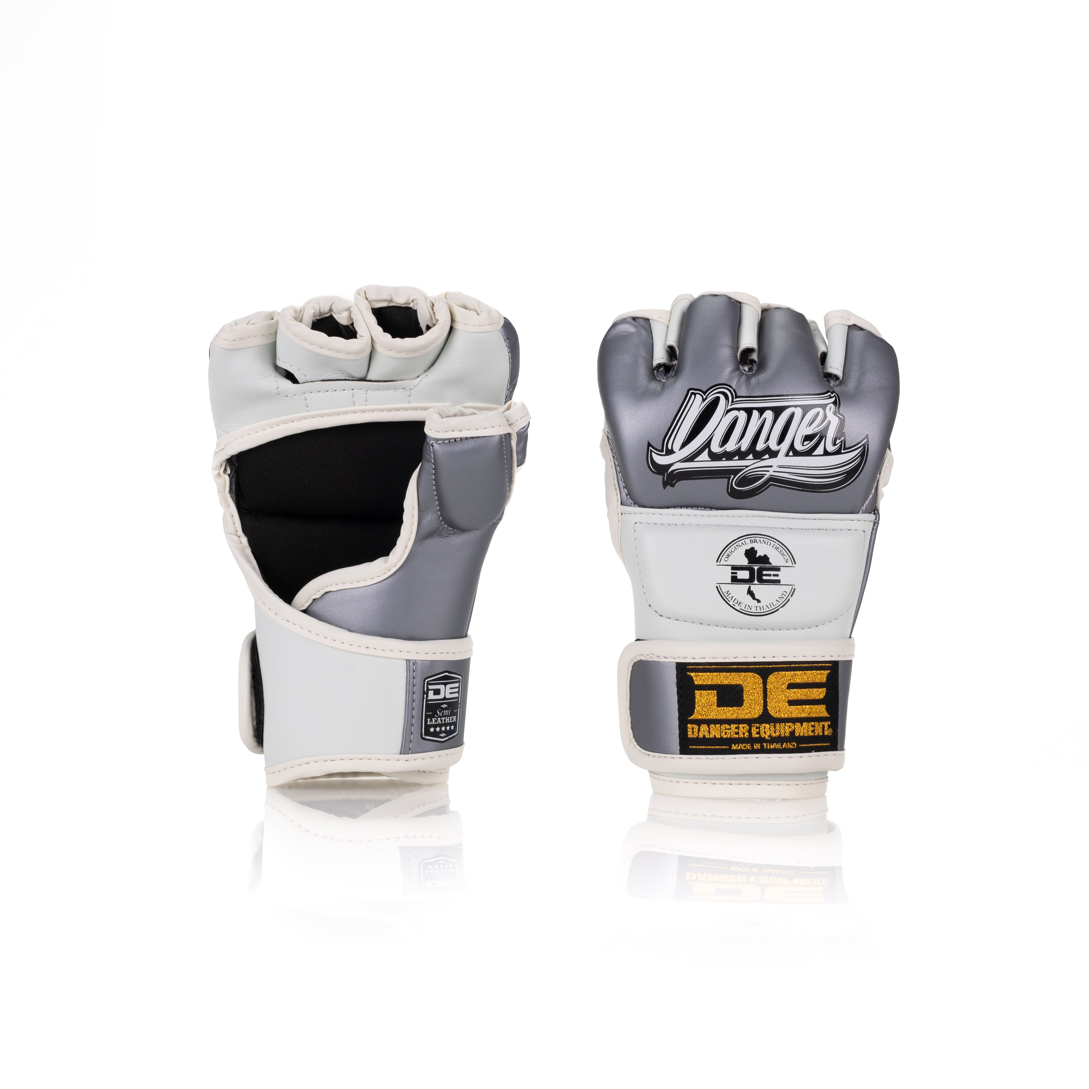 White/Silver Danger Equipment MMA Competition Boxing Gloves Front/Back